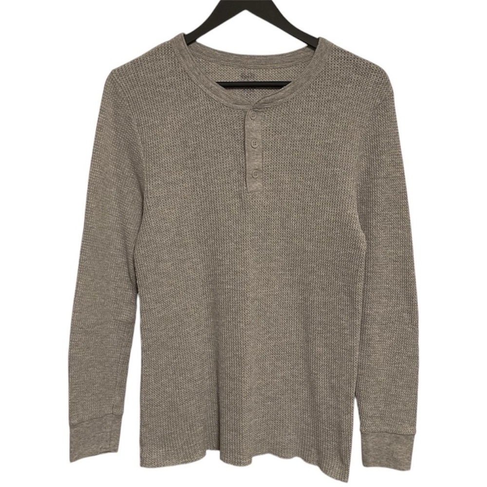 plain blank gray fruit of the loom thermal waffled long sleeve Henley shirt